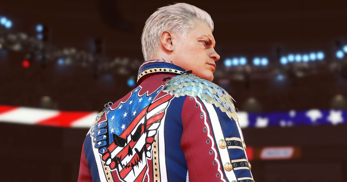 Cody Rhodes with bleach blonde hair in WWE 2K23 wearing a red, blue, white, and gold jacket.