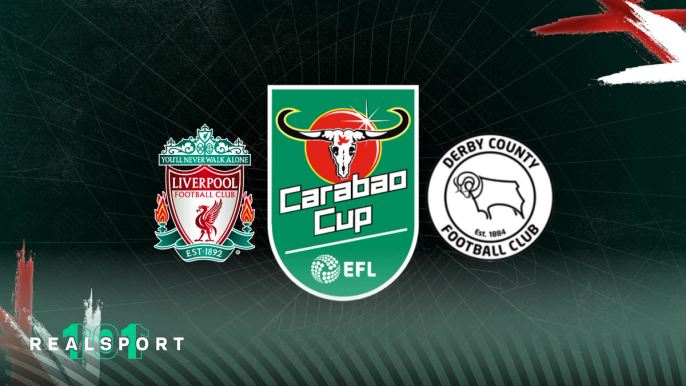 Liverpool and Derby County badges with Carabao Cup logo