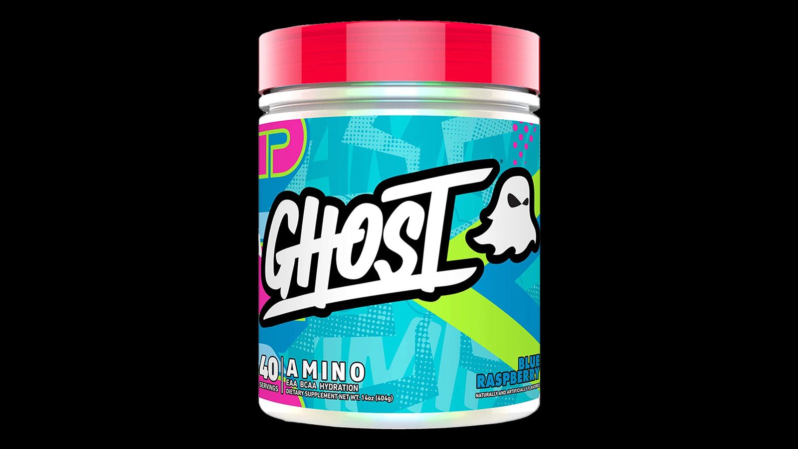 GHOST Amino product image of a clear container with light blue and purple branding and a red lid.