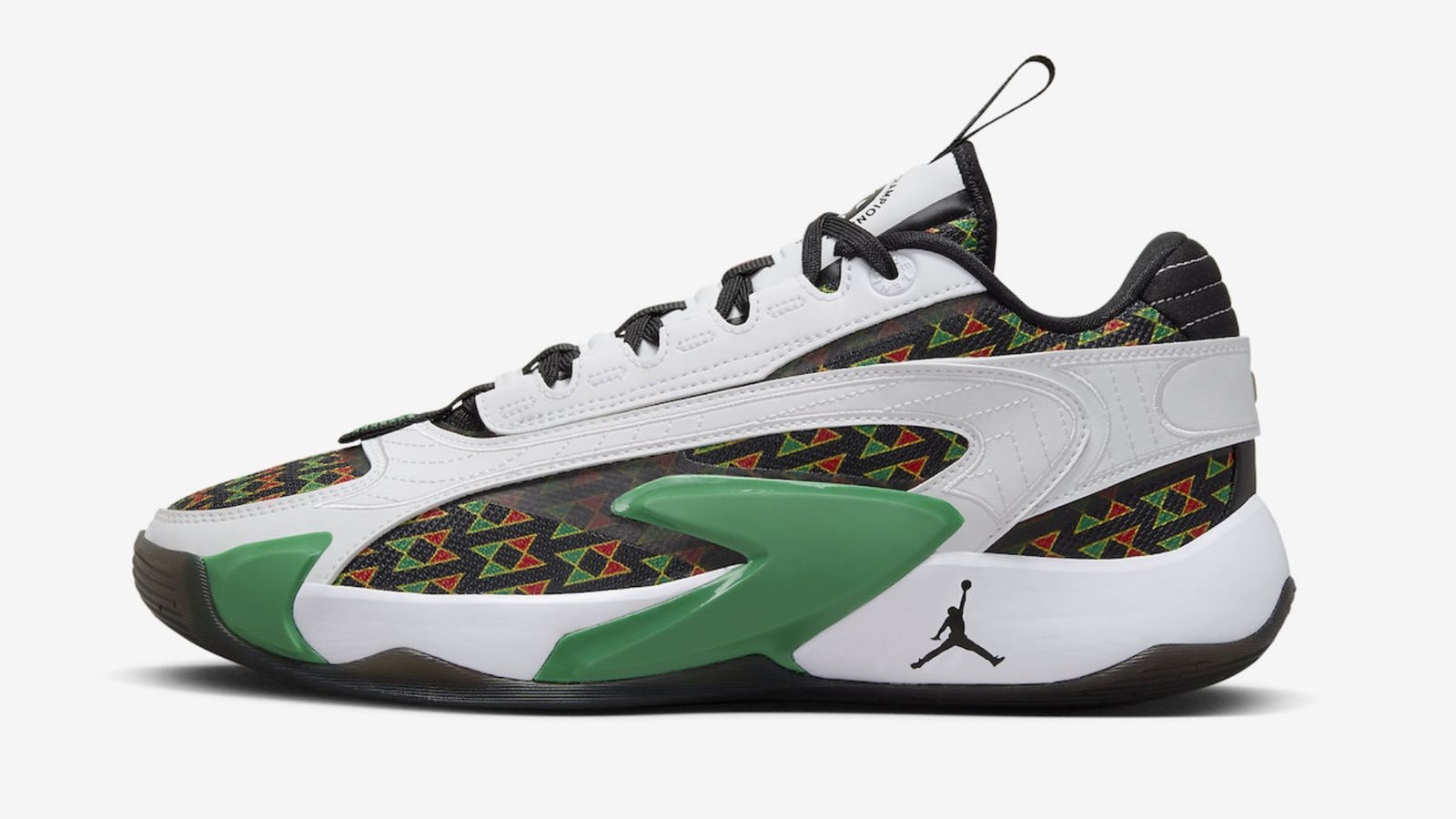 Jordan Luka 2 product image of a white and black Jordan sneaker featuring green overlays and red and green triangular details. 