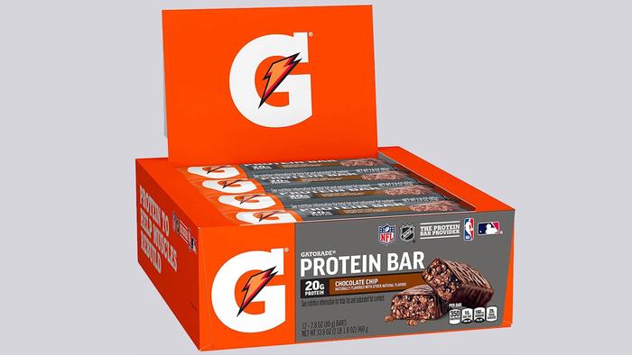 Best protein bars Gatorade product image of a grey and orange box of bars.