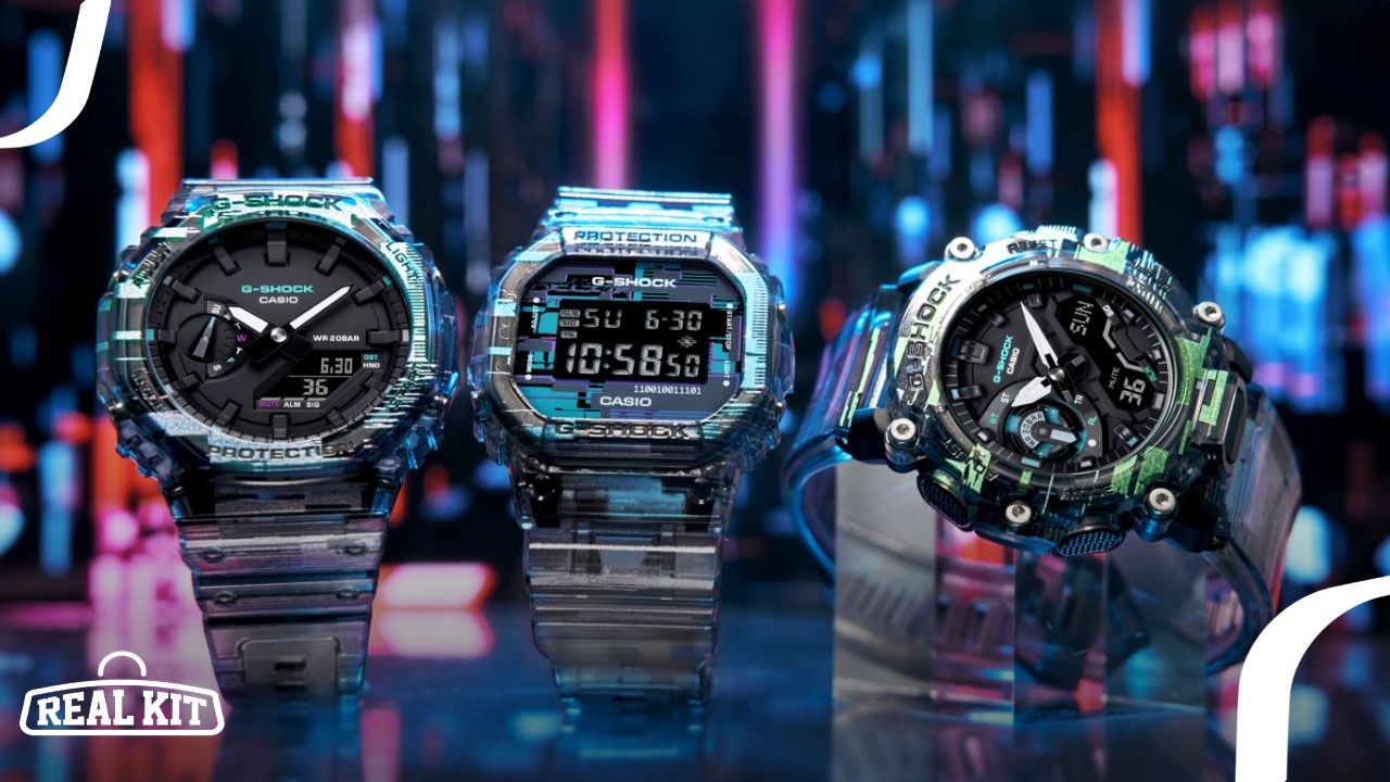 Three digital watches with digital glitch patterns in front of a blue pink and red background.