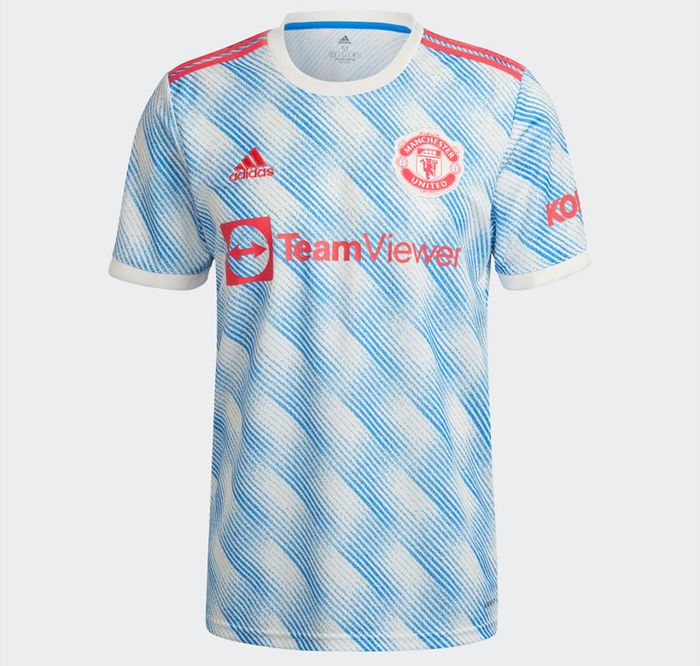 Best football kits 2021/22 Manchester United Away product image of a white and blue kit with red details.