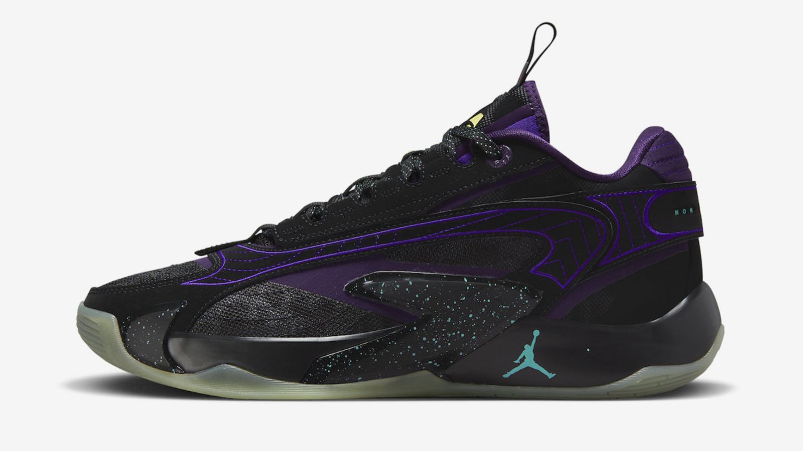 Jordan Luka 2 product image of a black low-top featuring dark purple and teal details, including speckles in the midsole.