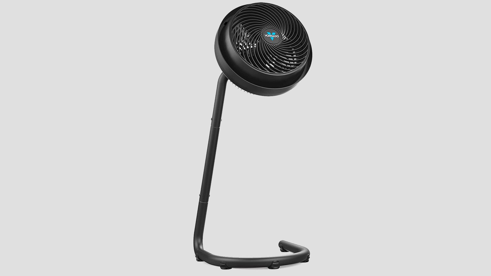 Vornado 783 product image of a black fan on a stand with a blue centre piece.