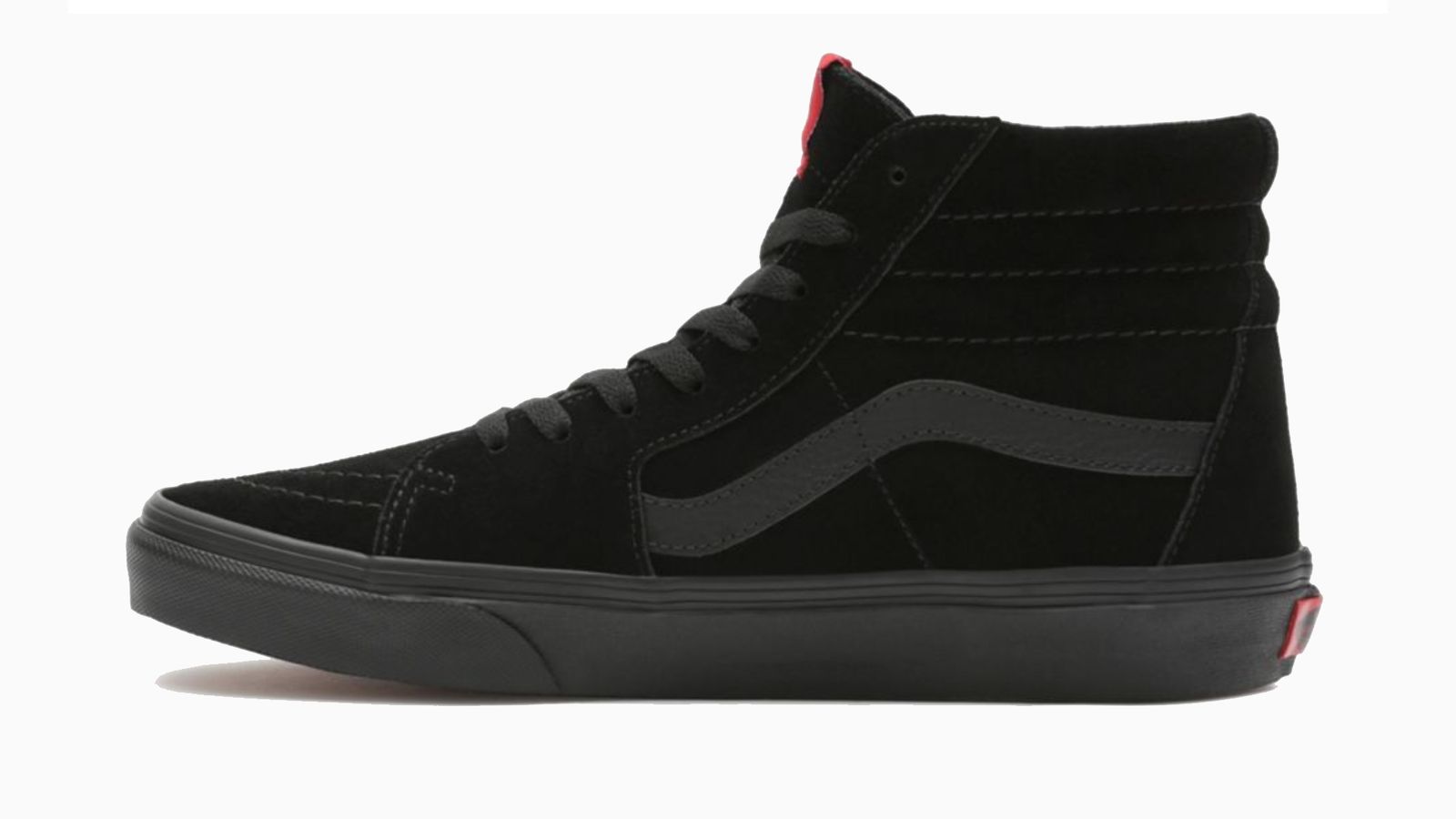 Vans Sk8 Hi product image of a black Vans high-top featuring red branding on the heel and tongue.