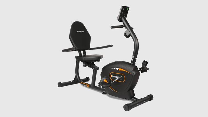 Best recumbent bike JEEKEE product image of a black bike with orange details on the side.