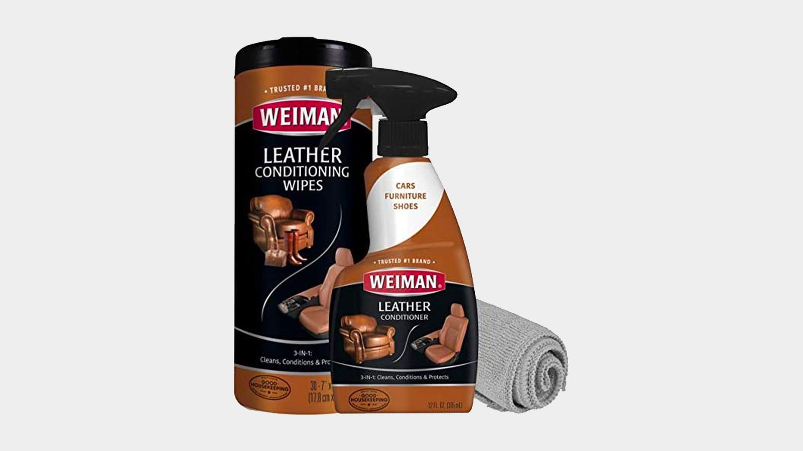 Weiman Leather Cleaner & Conditioner Care Kit product image of a black and brown spray bottle and container next to a grey cloth.
