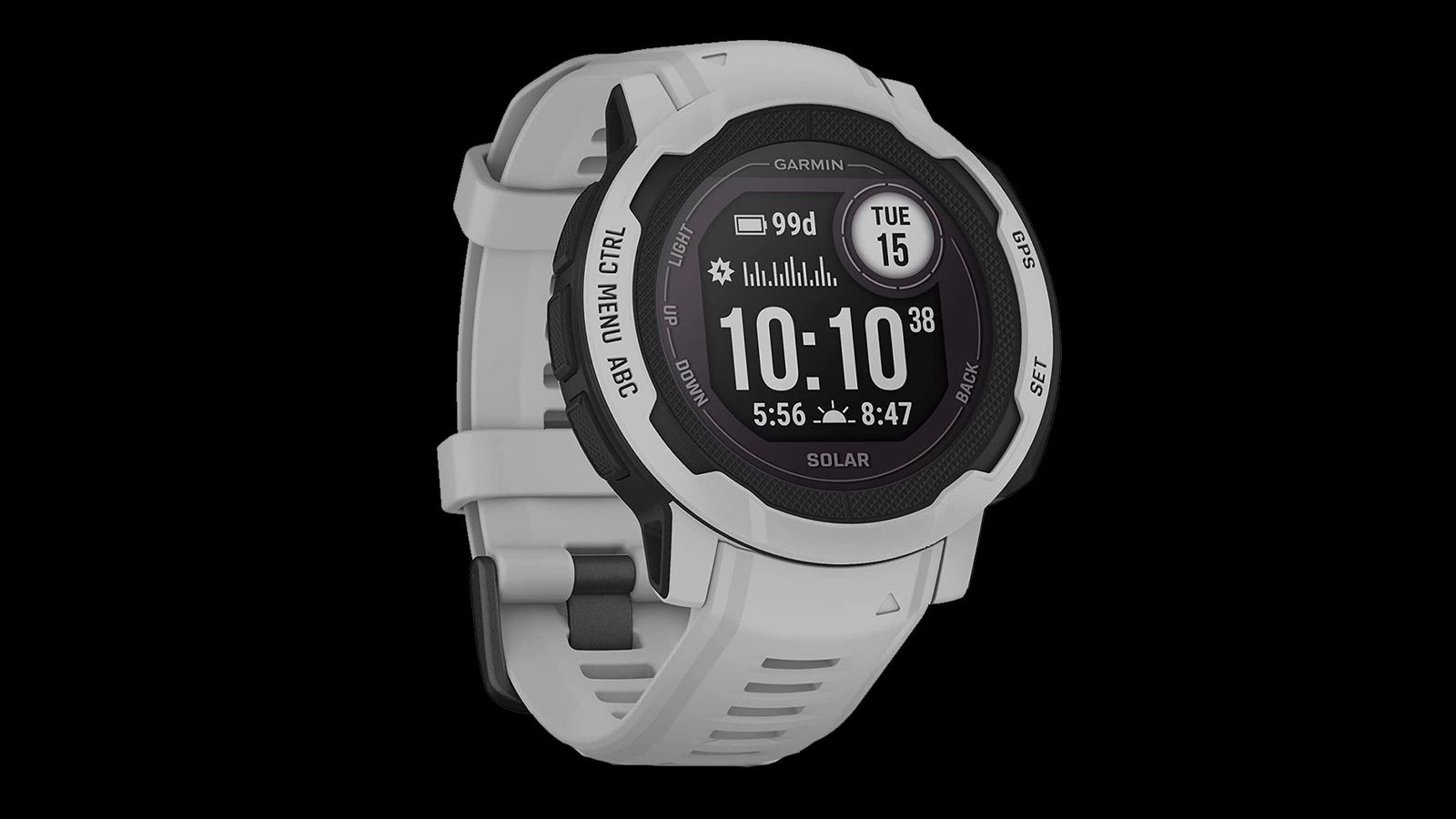 Garmin Instinct 2 Solar product image of a mist grey smartwatch with the time, date, battery, and sun information on the display.