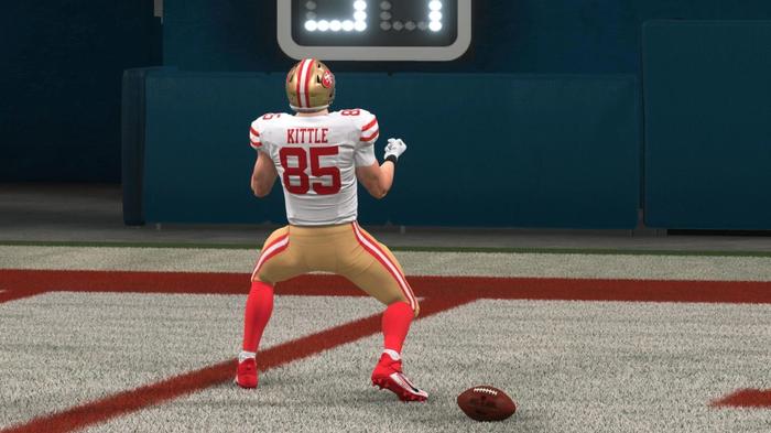 San Francisco 49ers tight end George Kittle celebrates in the end zone. 