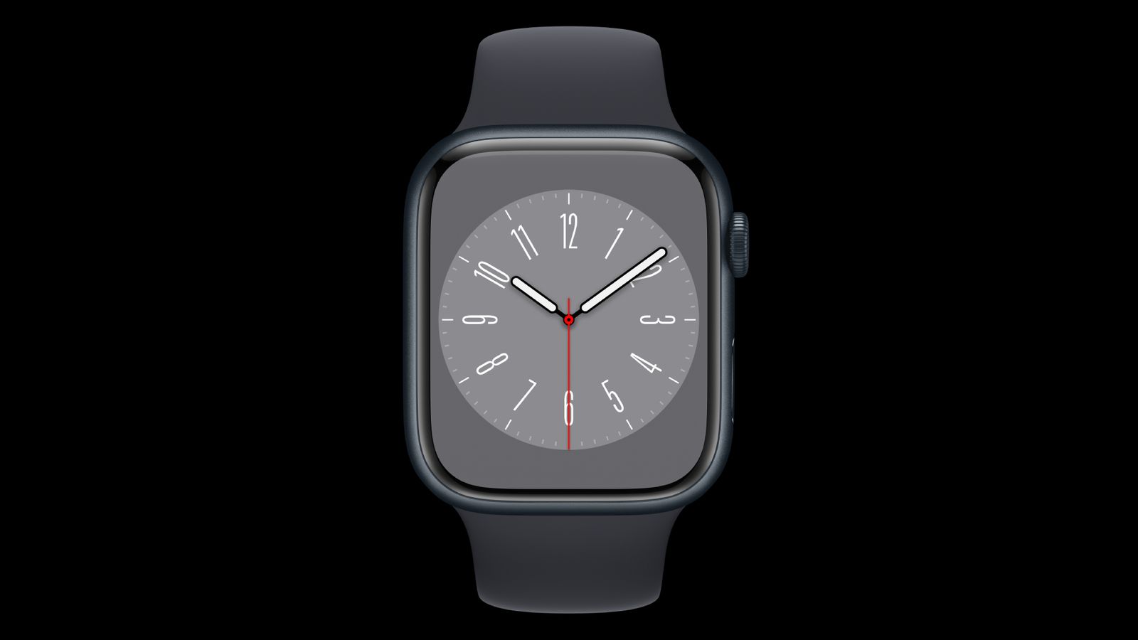 Apple Watch Series 8 product image of a black smartwatch with a grey analogue clock on the face.