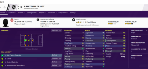 Matthijs de Ligt's stats page in Football Manager 2020