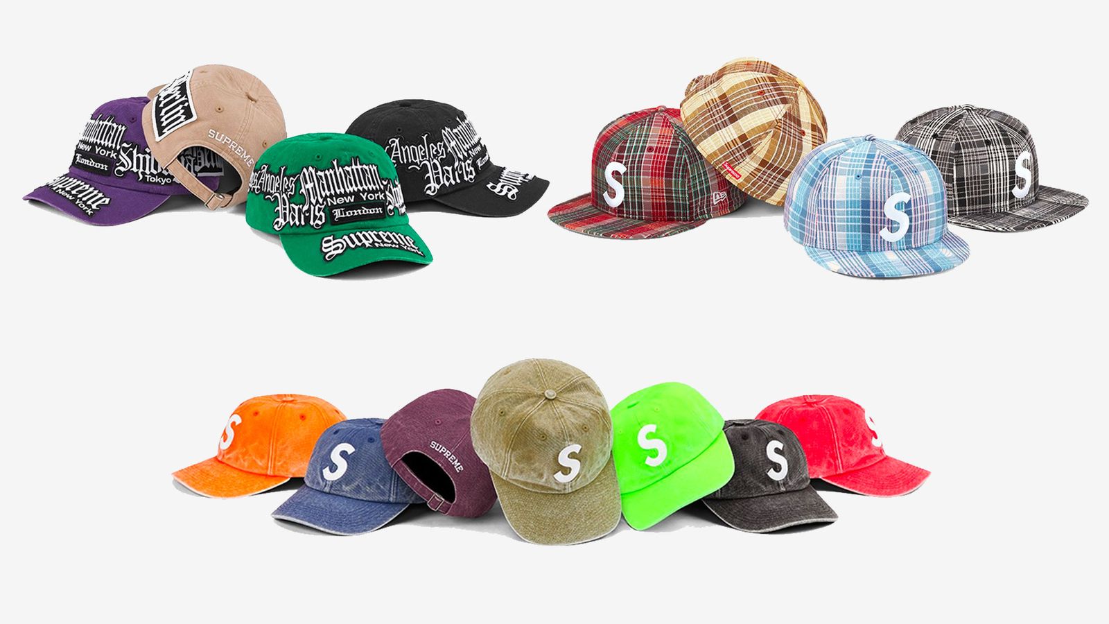 Supreme Spring/Summer 2023 collection - A selection of hats in green, orange, red, purple, and more.