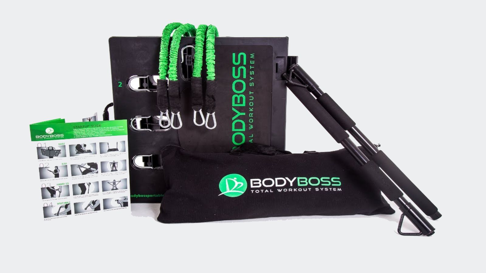 BodyBoss 2.0 product image of a black board with multiple attachments and cables with green branding.