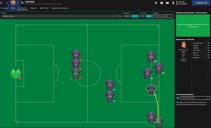 A near post corner routine in Football Manager 2023