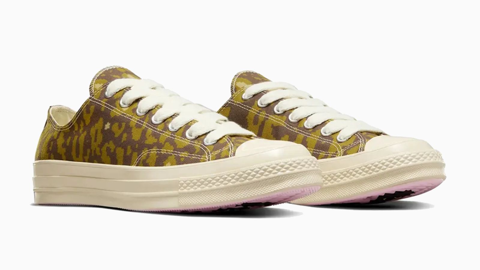 Tyler, The Creator x Converse Chuck 70 Low "Digital Leopard Khaki" product image of a brown and khaki print pair of Converse low-tops featuring cream rubber soles and mudguards.