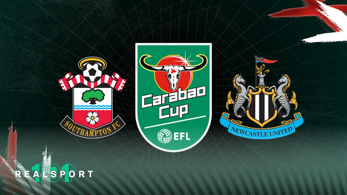 Southampton and Newcastle badges with Carabao Cup logo