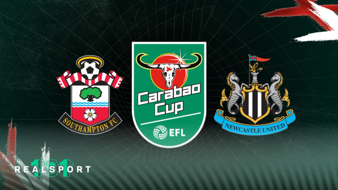 Southampton and Newcastle badges with Carabao Cup logo