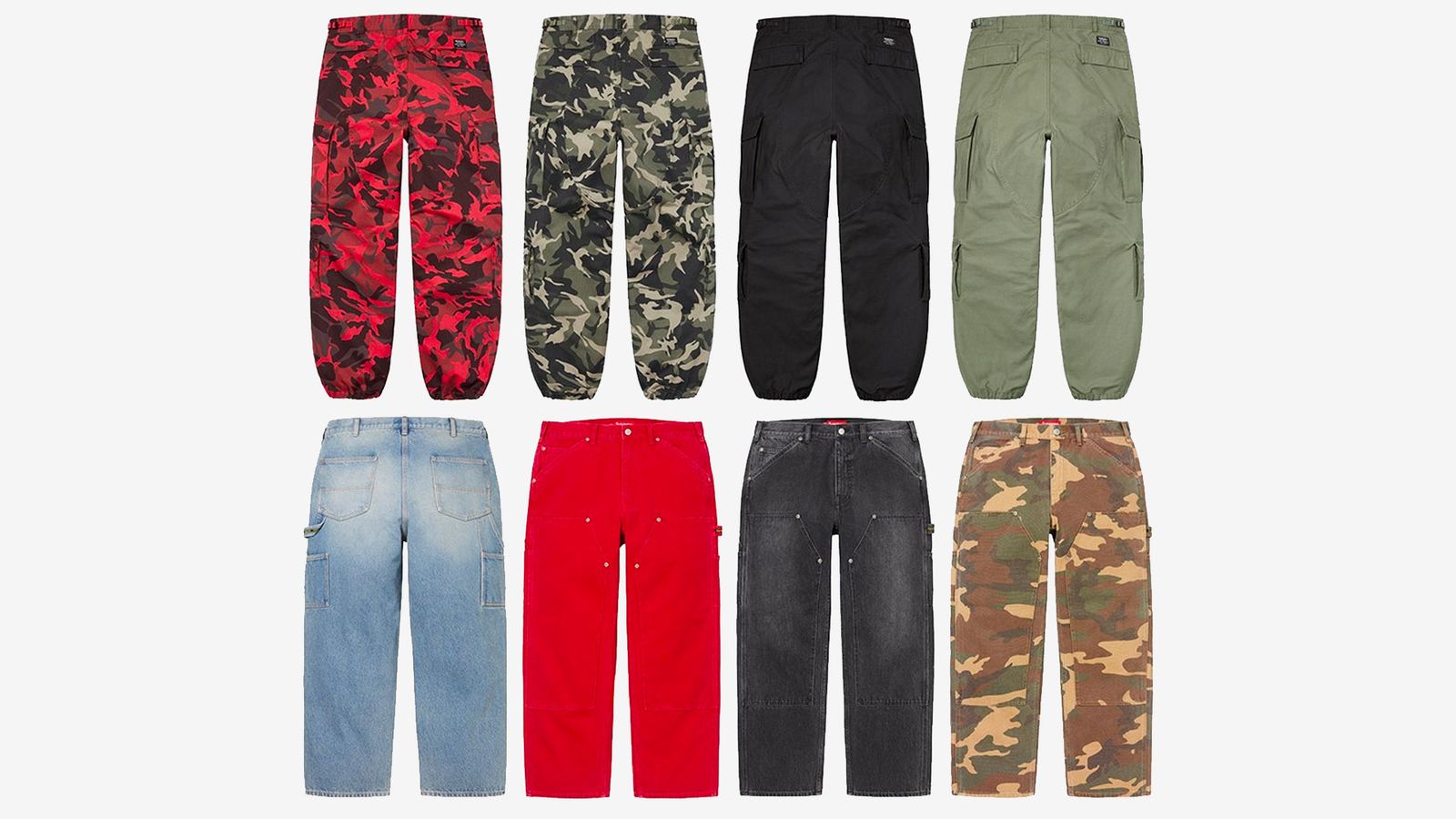 Supreme Spring/Summer 2023 collection - A selection of bottoms including camo cargo pants and jeans.