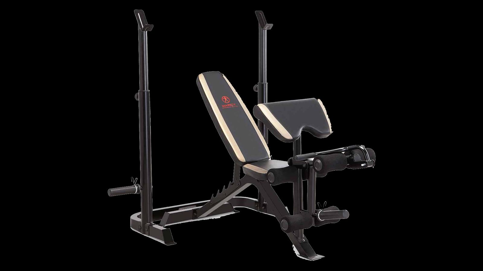 Marcy Adjustable Olympic Weight Bench product image of a black and light cream bench with a rack attached.