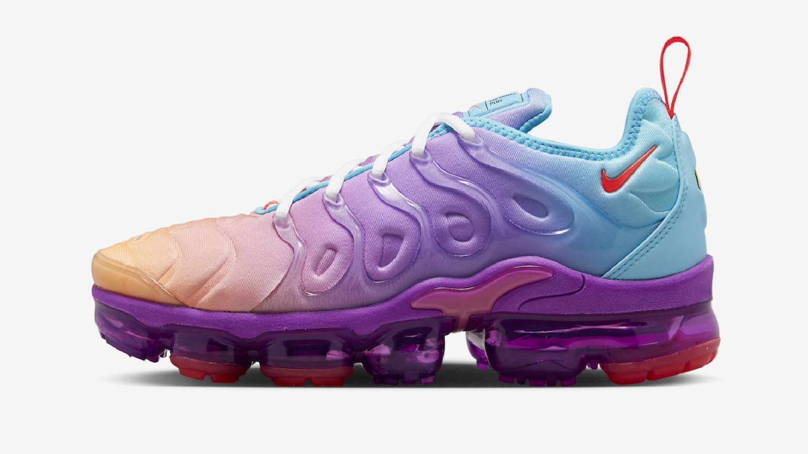 Nike Air VaporMax Plus “Multigradient" product image of a blue, orange, and purple Air Max featuring a darker purple sole.