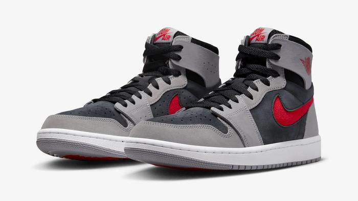 Jordan 1 vs Nike Dunk - Jordan 1 High CMFT 2 "Grey Fire Red" product image of a pair of grey and black sneakers with Fire Red accents.