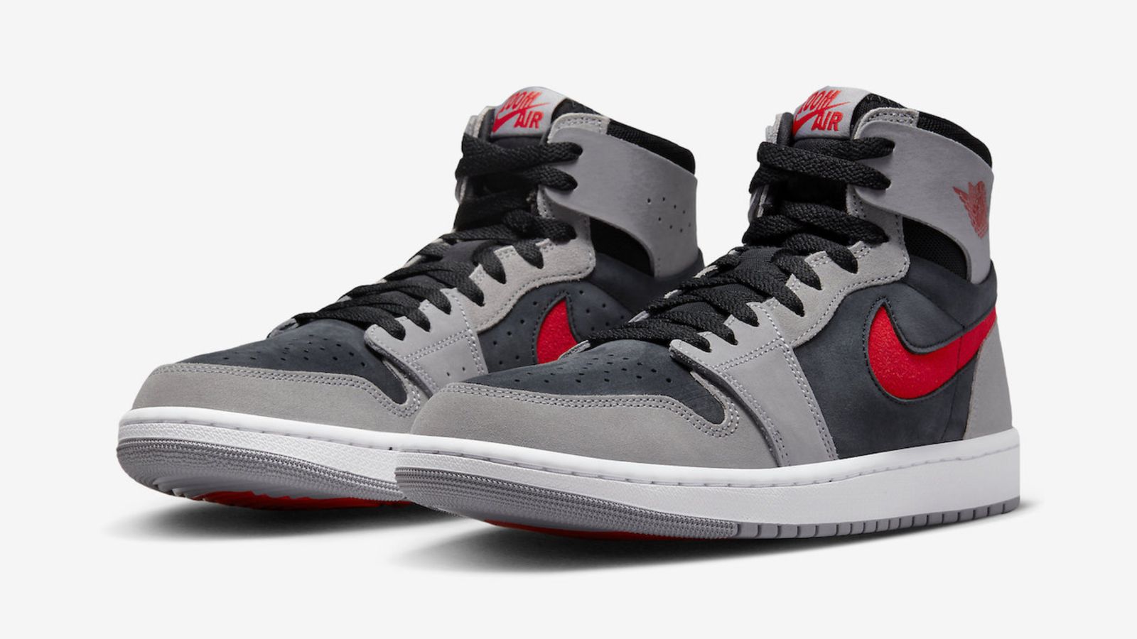 Air Jordan 1 High Zoom CMFT 2 "Fire Red" product image of a black and grey pair of sneakers with red details.