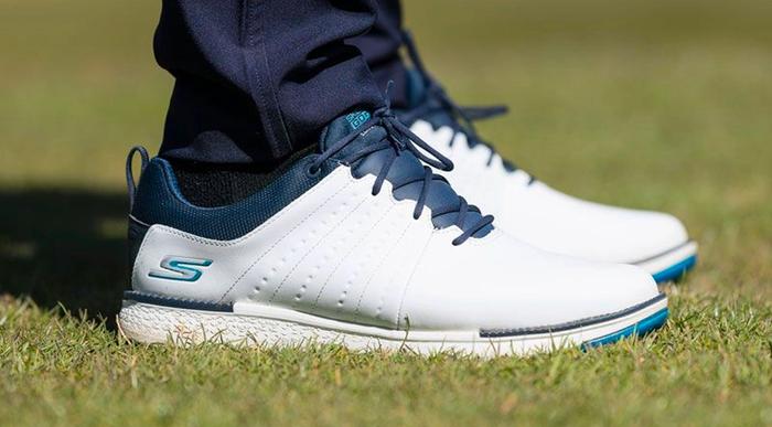 Best golf shoes Skechers product image of a single white and blue shoe.