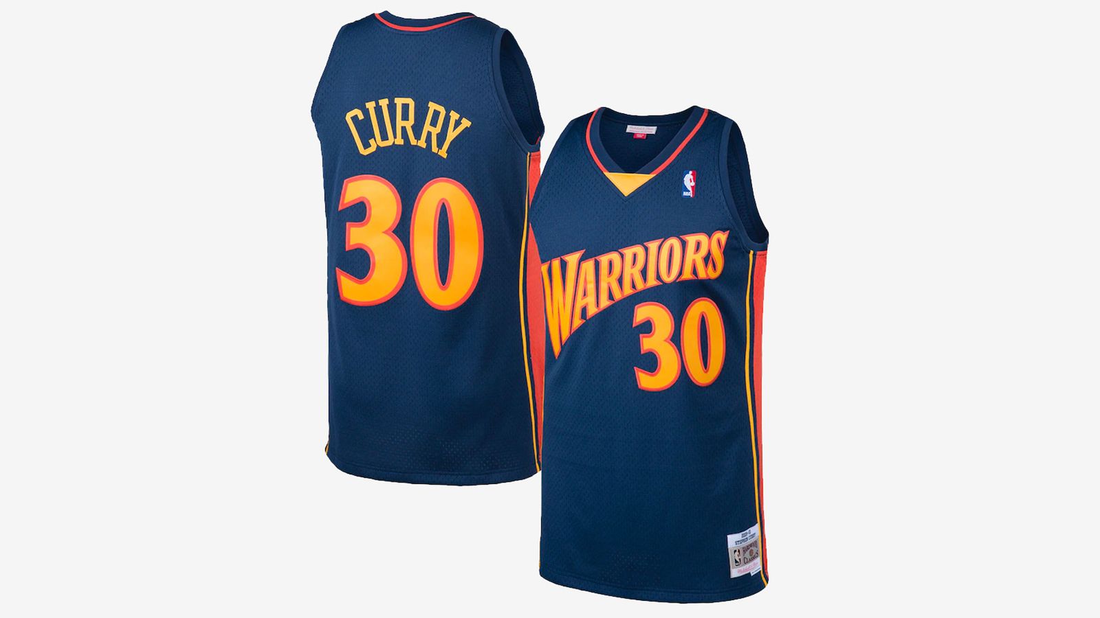 Stephen Curry Golden State Warriors 2009 Hardwood Classics Road Swingman Jersey product image of a navy sleeveless uniform with orange and red details.