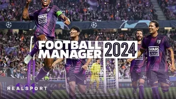 Key art of the videogame Football Manager 2024, featuring a generic team celebrating a goal