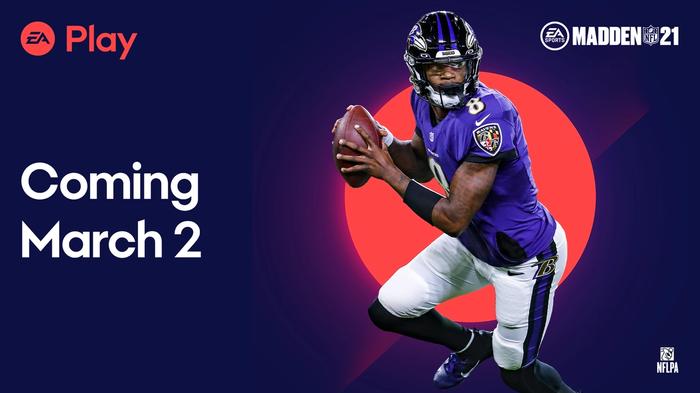 Announcement with Lamar Jackson pictured stating Madden 21 will be added to EA Play on March 2nd