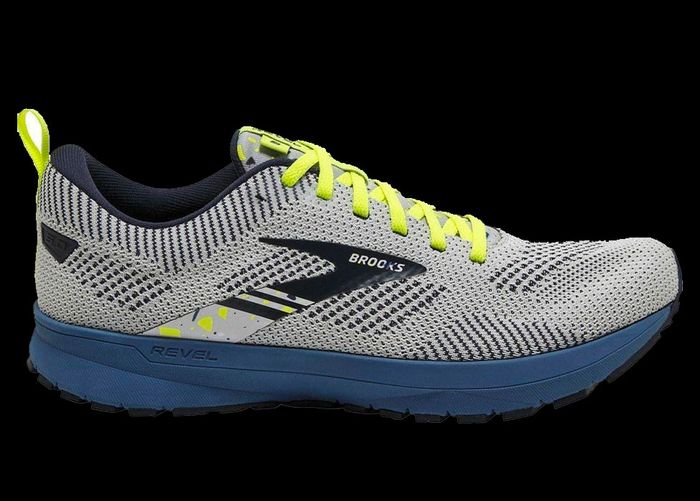 Best running shoes under 100 Brooks product image of a single grey, blue, and yellow knitted shoe.