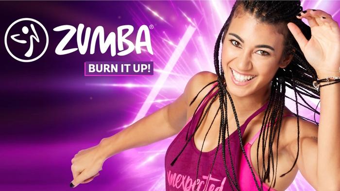 Best fitness video games 505 Games product image of the Zumba game case for Switch featuring a woman in a pink top