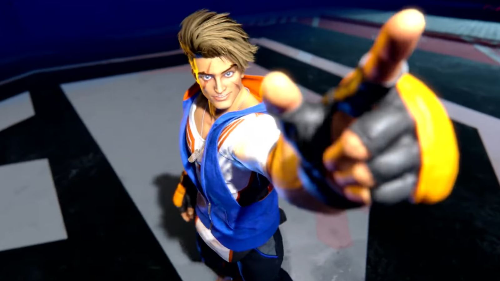 A screenshot of Luke posing in the Street Fighter 6 official Luke overview trailer.