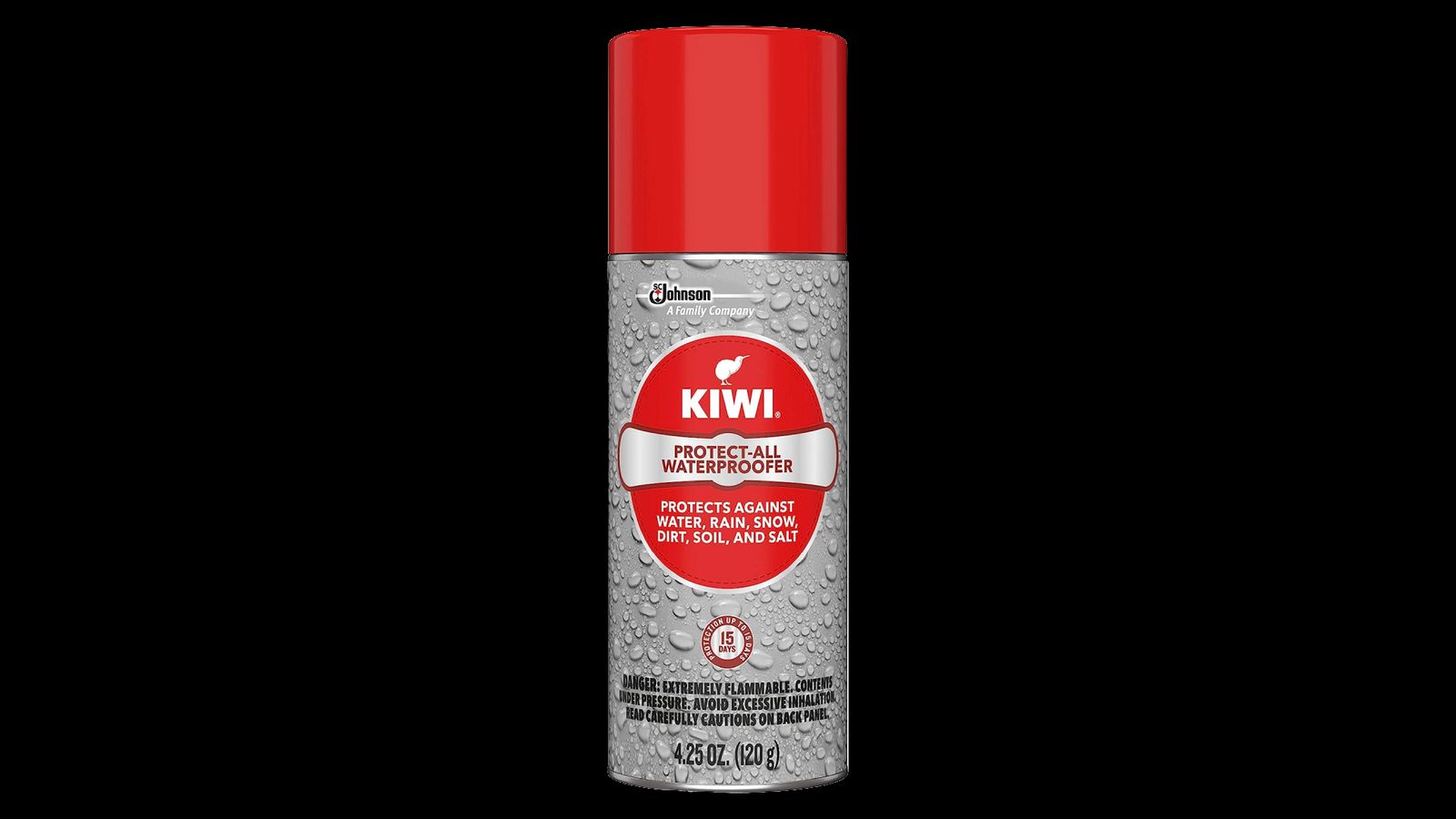 Kiwi Protect-All Waterproofer product image of a grey can with a red lid.
