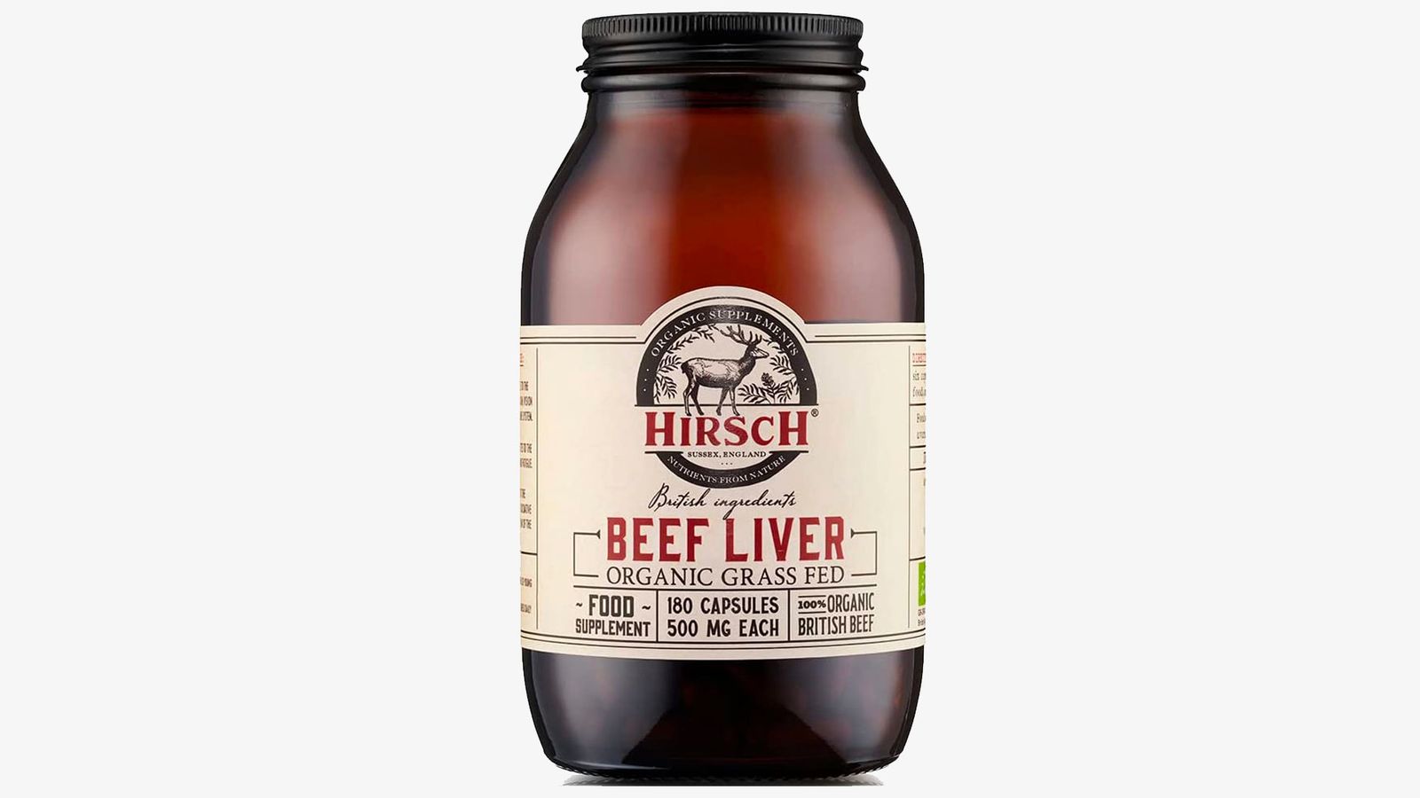 Hirsch Organic Grass Fed Beef Liver Supplement product image of a brown container with light brown and red branding.
