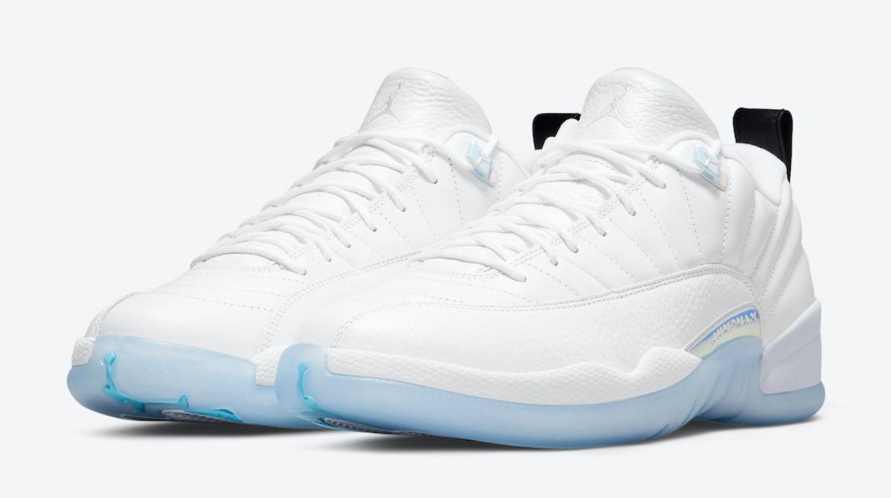 Air Jordan 12 Retro Low "Easter" product image of a white and icy blue sneaker with a black heel tab.