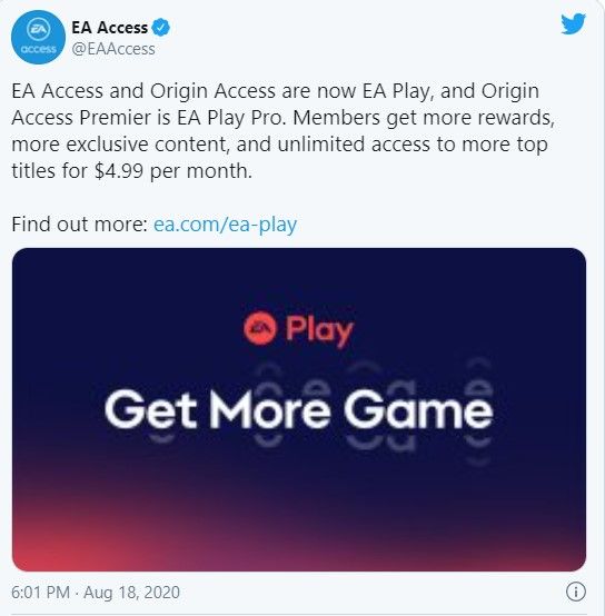 Tweet describing EA Access rebrand to EA play with the cost of $4.99