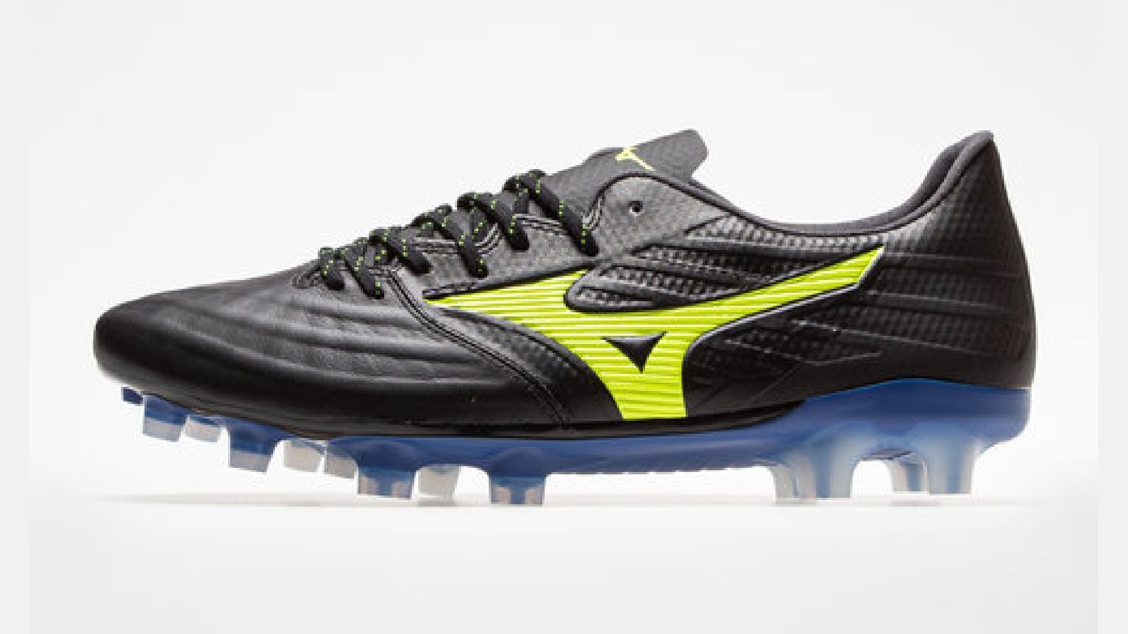 Mizuno Rebula III product image of a black boot with yellow Mizuno branding, featuring a translucent blue sole plate.