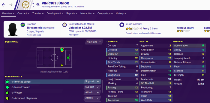 Vinicius Junior's stats page in Football Manager 2020