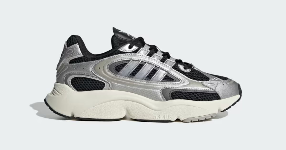 adidas OZMILLEN "Core Black Grey" product image of a silver, grey, and dark black mesh sneaker featuring an off-white midsole.