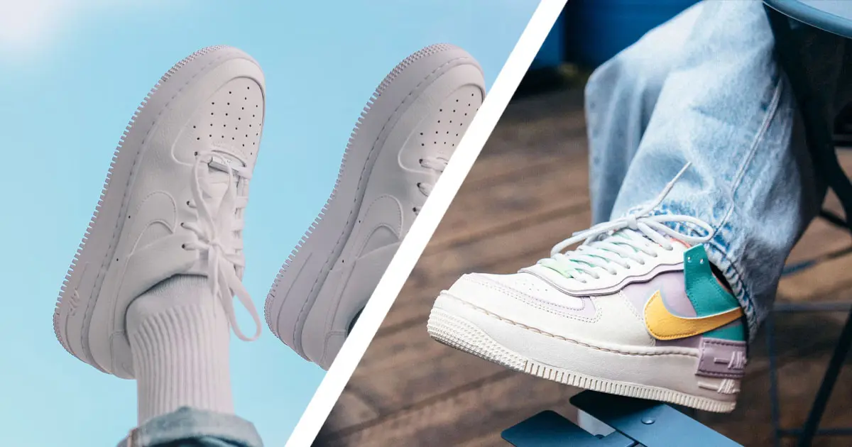 Someone in a pair of all-white Air Force 1 Lows on one side of a white line. On the other, someone in a white, light purple, orange, and green Air Force 1 Shadow.