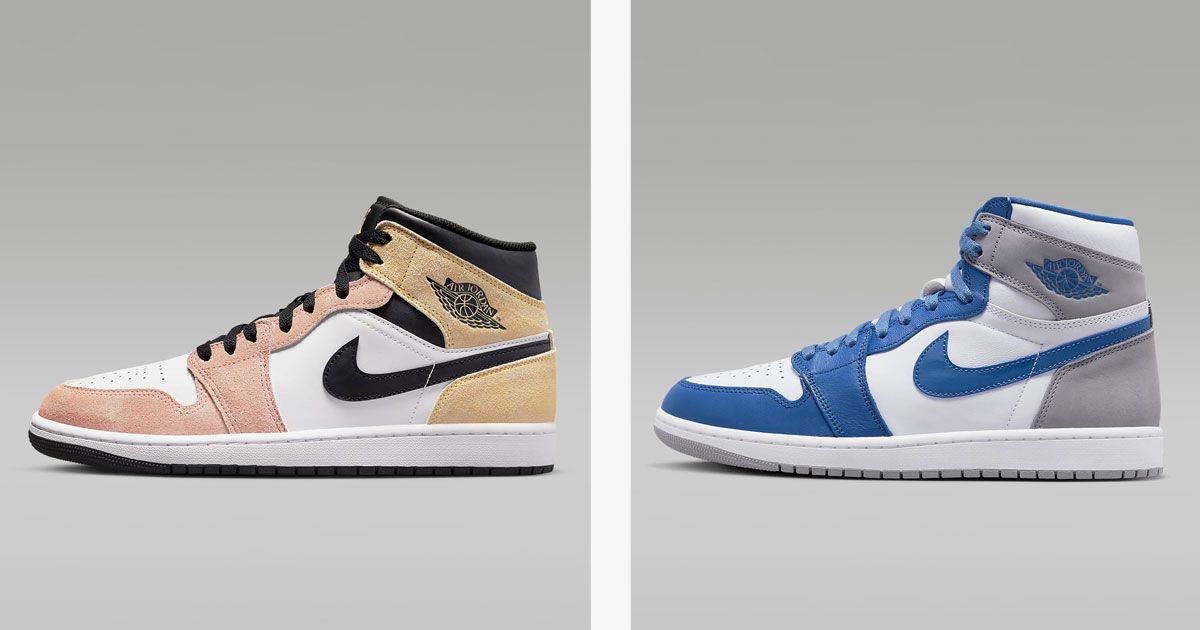 A white Jordan 1 Mid with salmon pink and black overlays on the left. On the right, a white and blue Jordan 1 High with a grey heel.