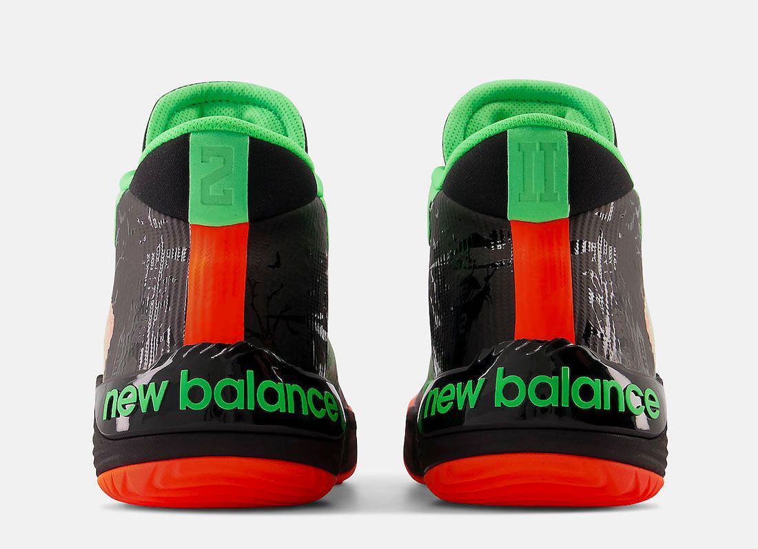 New Balance KAWHI 2 "Goosebumps" product image of a black sneaker with green and orange details.