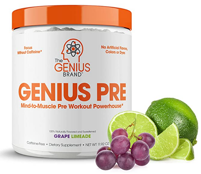 Best pre-workout The Genius Brand product image of a white container with orange accents, lid, and labeling