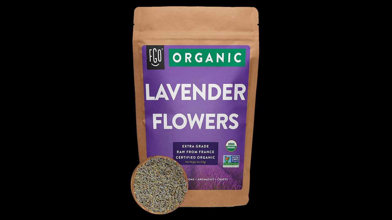 FGO Organic Lavender Flowers product image of a brown bag with purple and green labelling.