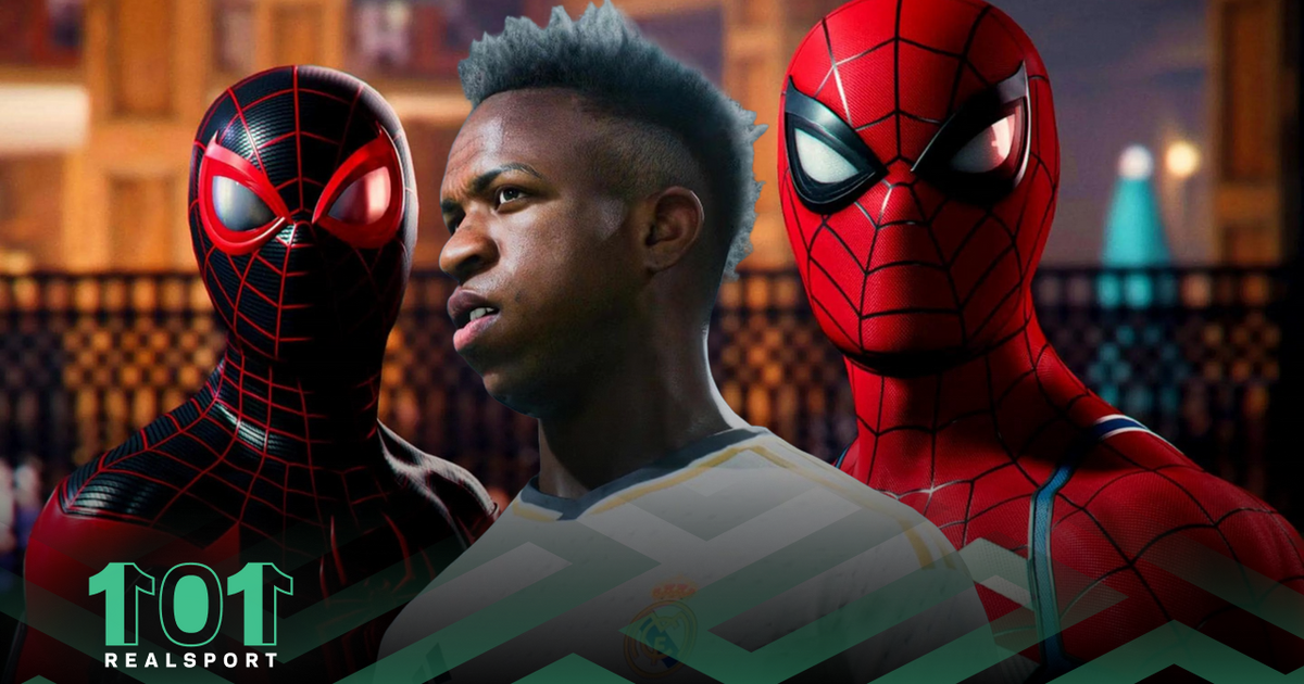 An image of two Spider-Man characters alongside Real Madrid player Vinicius JR