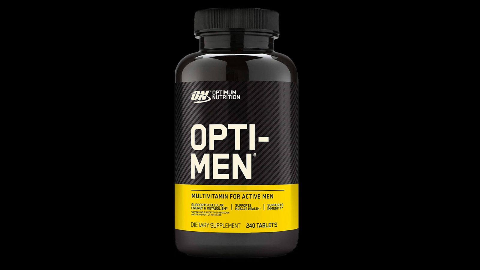 Optimum Nutrition Opti-Men product image of a black container with a yellow and white label.