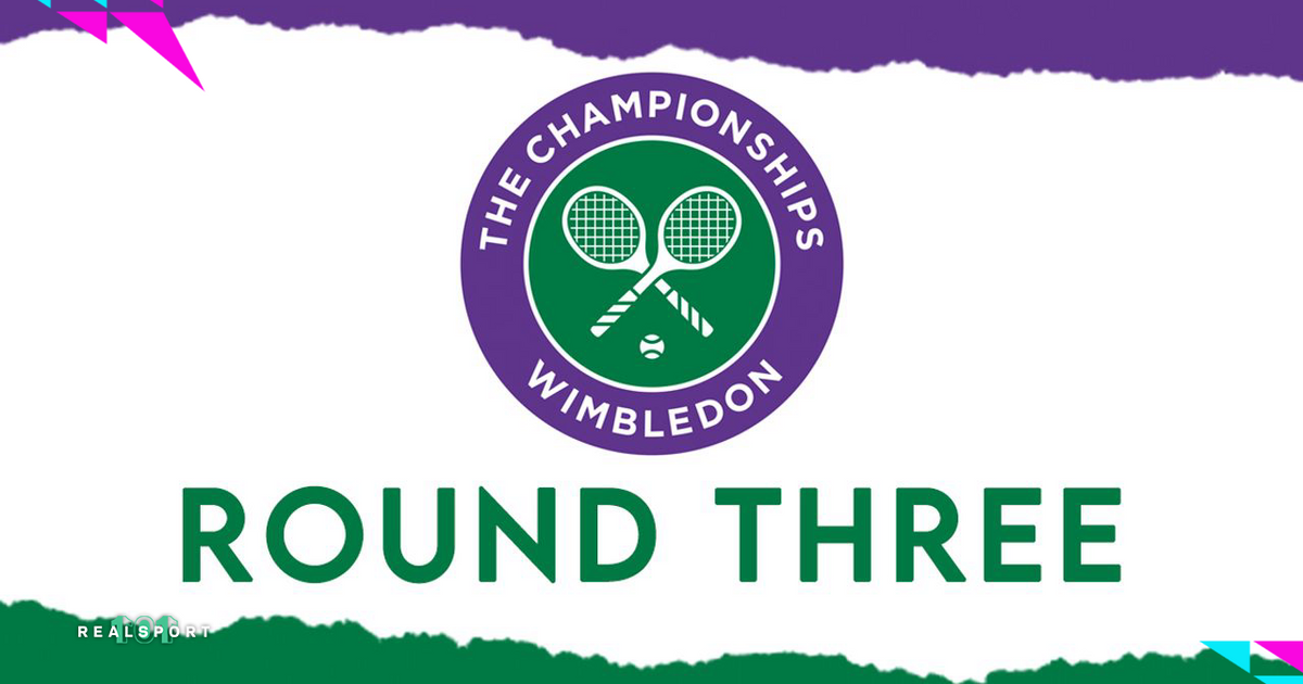 Wimbledon 2022 Logo with Round Three text and white, green and purple background