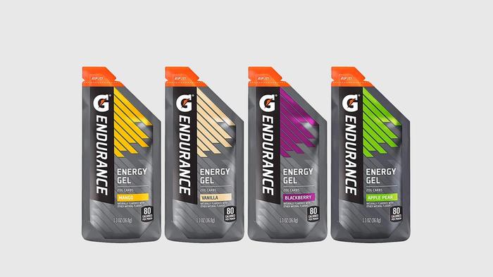 Best running gel Gatorade product image of 4 different flavoured pouches.